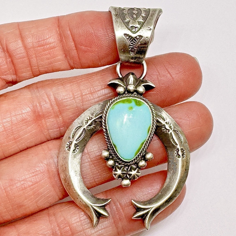 Navajo Naja Pendant Sonoran Turquoise‎ 2.25 Squash Blossom Sterling Native Amer